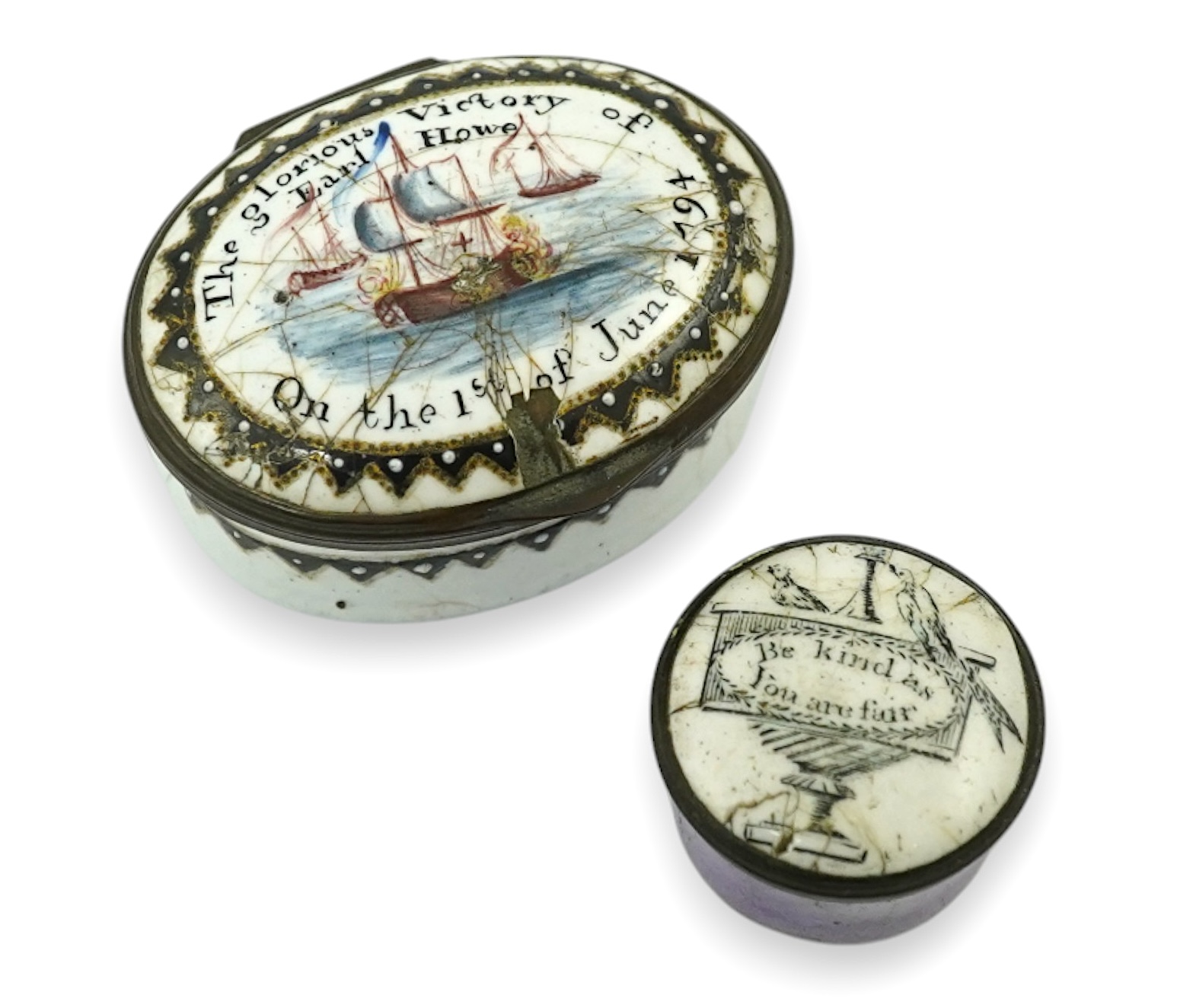 Two 18th century South Staffordshire enamel patch boxes, one inscribed 'The Glorious Victory, Earl Howe, on the 1st of June 1794', the other 'Be Kind as You are Fair', largest 5cm wide. Condition - enamel chipped